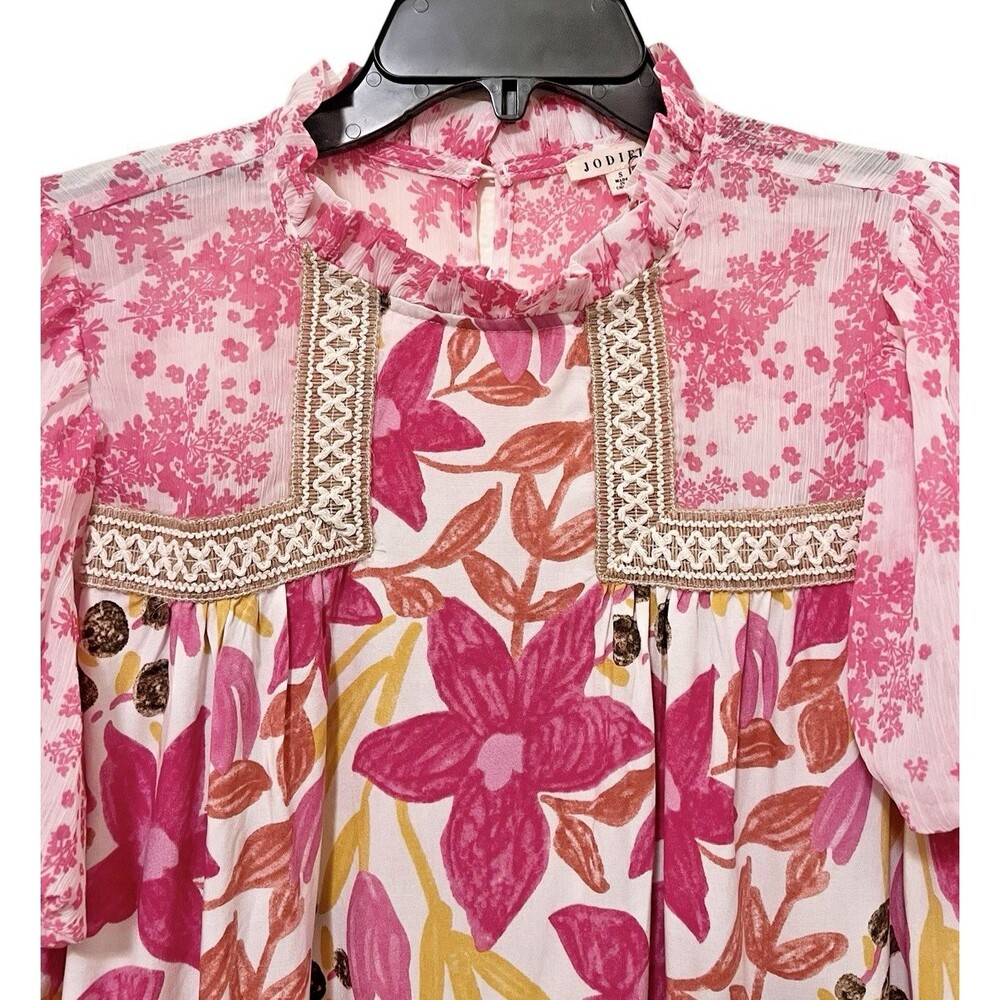 Anthropologie JODIFL Pink/White Floral Top Puff Sleeve Ruffle Collar S NWT - Picture 4 of 9